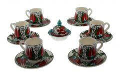 Anatolian Tulip Model Porcelain Cup Set of 6 - 8x6 - Red Coffee Cups