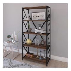 4-Tier 63'' H x 29'' W Walnut Steel Etagere Bookcase