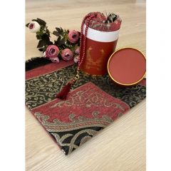 Dowry Gift Boxed Prayer Rug Set Luxury Taffeta Prayer Rug, Pearl Rosary - 11x11 - Red Throw Rugs, Cotton Throw Rugs