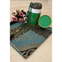Dowry Gift Boxed Prayer Rug Set Luxury Taffeta Prayer Rug, Pearl Rosary - 11x11 - Green Throw Rugs, Cotton Throw Rugs