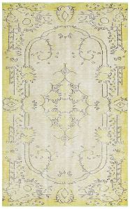 Turkish Rug - Unique Anatolian Hand Knotted Vintage Look Rug - 194x118 - Yellow Living Room Rugs