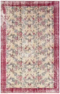 Turkish Rug - Hand Knotted Green Red Floral Vintage Rug - 255x162 - Colorful Living Room Rugs