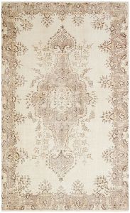 Turkish Rug - Authentic Hand Knotted Floral Design Vintage Rug - 276x169 - Beige Living Room Rugs