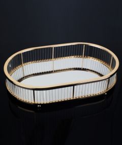 Acar Glass Striped and Mirrored Oval Serving Tray