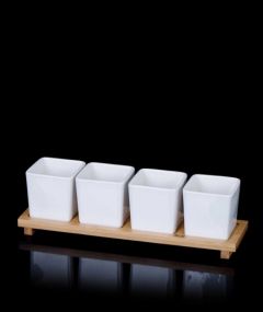 Porcelain 4 Piece Rotary Bowl Set with Bamboo Stand