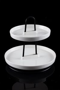 Porcelain 2-Layered Cookie Service Tray with Metal Stand