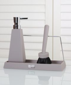 2-Piece Acrylic Rectangular Liquid Soap Dispenser with Brush, Grey