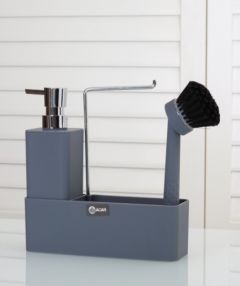 2-Piece Acrylic Stand Square Liquid Soap Dispenser with Brush, Dark Grey