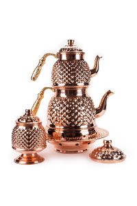 Big Size Red Keops Copper Teapot And Copper Sugar Bowl Set - 18x18 - Red Teapots, Copper|Metal Teapots