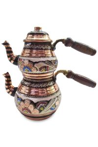 Medium Size Enamel Copper Teapot With Decorative Handcrafted Wooden Handle - 24x24 - Stainless steel Teapots, Copper|Metal Teapots