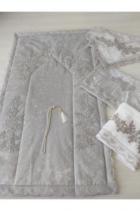 French Lace Velvet Prayer Rug Set 5 Pieces Dowry Bundle Bridal Set - 120x70 - Grey Throw Rugs