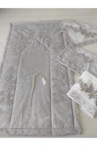 French Lace Velvet Prayer Rug Set 5 Pieces Dowry Bundle Bridal Set - 120x70 - Grey Throw Rugs