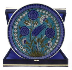 Turquoise Floor Lutus Flower And Tulip Decorated Corporate Velvet Gift Plate - 30x30 - Blue Plates