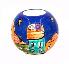 Turquoise House Roofer Cat Porcelain Circle Candle Holder - 10x10 - Colorful CANDLE HOLDER