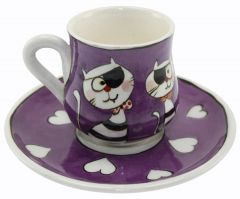 Pirate Cat Coffee Cup Plate:12cm Cup:6x8cm - 8x8 - Purple Coffee Cups