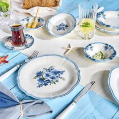 26 Piece Blue Floral and Plants Pattern Scallop Design Stoneware Breakfast Set, Platter, Bowl, Service for 6