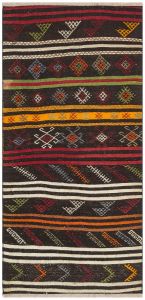 Anatolian Hand Woven Vintage Rugs With Colorful Striped Flowers - 200x100 - Colorful Hand Woven Rugs, Wool Hand Woven Rugs
