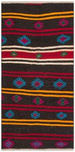 Anatolian Vintage Rugs with Black Red Turquoise Flowers - 200x100 - Blue Hand Woven Rugs, Wool Hand Woven Rugs