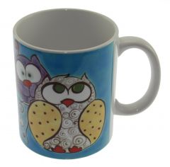 Purple Cat Mustard Color Owl Porcelain Mug Cup - 13x13 - Blue MUGS, Porcelain MUGS