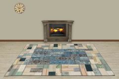 Antiqued Hand Woven Patchwork Carpet  - 230x160 - Blue Hand Woven Rugs, Wool Hand Woven Rugs