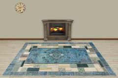 Antiqued Hand Woven Patchwork Carpet  - 230x160 - Blue Hand Woven Rugs, Wool Hand Woven Rugs