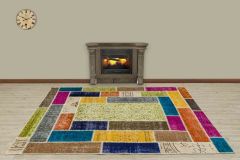 Antiqued Hand Woven Patchwork Carpet  - 230x160 - Colorful Hand Woven Rugs, Wool Hand Woven Rugs