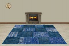 Antiqued Hand Woven Patchwork Carpet  - 230x160 - Blue Hand Woven Rugs, Wool Hand Woven Rugs