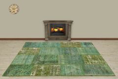 Antiqued Hand Woven Patchwork Carpet  - 230x160 - Green Hand Woven Rugs, Wool Hand Woven Rugs