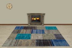 Antiqued Hand Woven Patchwork Carpet  - 230x160 - Blue Hand Woven Rugs, Wool Hand Woven Rugs