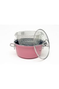 Enamel 22 cm Deep Fryer Pot, Chip Pan with Chrome Handle - Pink