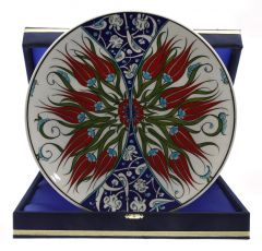 Special Design Red Tulip Decorated Corporate Velvet Gift Plate - 30x30 - Colorful Plates