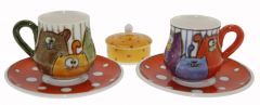 Fun Colorful Cardboard Cats 2 Pcs Coffee Cups and Turkish Delight Holder - 8x8 - Colorful Coffee Cups, Porcelain Coffee Cups