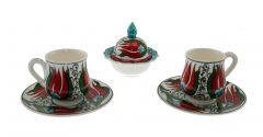 Turquoise Figure Red Tulip Porcelain Turkish Delight Cup Set of 2 - 8x6 - Red Coffee Cups