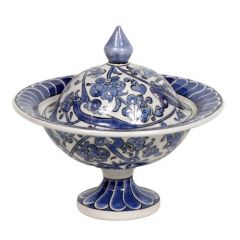 Lotus Flower Patterned Tile Sugar Bowl - 20x20 - Blue SERVING BOWLS, Porcelain SERVING BOWLS
