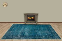 Vintage Hand Woven Rug - 246x160 - Blue Area Rugs, Wool Decorative Area Rugs