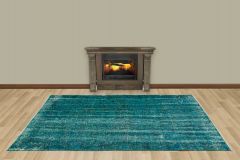 Vintage Hand Woven Rug - 241x133 - Blue Area Rugs, Wool Decorative Area Rugs