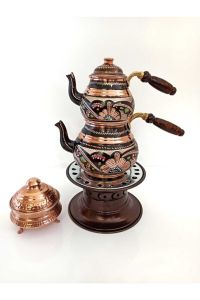 Copper Traditional Turkish Teapot Set Medium Size + Copper Sugar Bowl