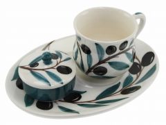 Iznik Olive Model Turkish Coffee Cup and Turkish Delight Holder - 14x14 - Blue Coffee Cups, Porcelain Coffee Cups