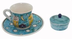 Fun Model Our Neighborhood Coffee Cup and Turkish Delight Holder - 8x8 - Blue Coffee Cups, Porcelain Coffee Cups