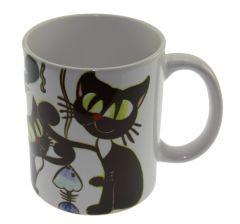 Black Cats and Red Fish Porcelain Mug Cup - 13x13 - Colorful MUGS, Porcelain MUGS