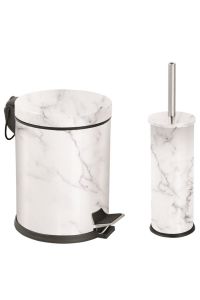 White Marble Patterned Luxury Metal 2-Piece Bathroom Set Includes Pedal Bin & Toilet Brush