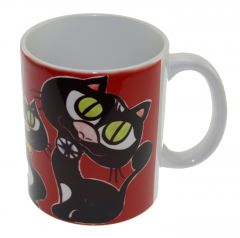 Red Ground Black Cat Yellow Bow Tie Porcelain Mug Cup - 13x13 - Colorful MUGS, Porcelain MUGS