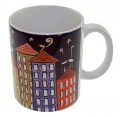 Roofer Night Cats Porcelain Mug Cup - 13x13 - Colorful MUGS, Porcelain MUGS