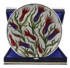 Blue Red Tulip Decorated Corporate Velvet Boxed Gift Plate - 30x30 - Colorful Plates