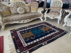 Turkish Hand Knotted Kilim Rug, Boho Kilim, Carpet - Indigo blue, Camel