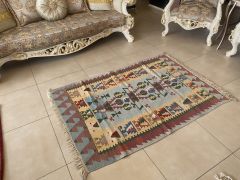 Pastel Turkish Traditional Motifs Kilim Rug, Prayer Kilim Rug 