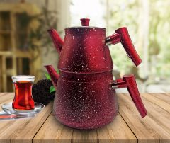 Red Granite Turkish Teapot Set with Glass Lid