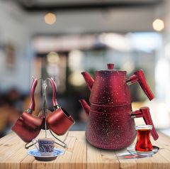 Granite Turkish Teapot Set and Coffee Pot Set with Hanger Red