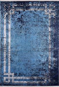 Modern Frame Blue and Grey Washable Area Rug