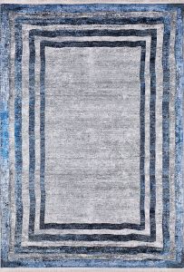 Modern Frame Grey and Dark Blue Washable Area Rug